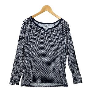 T by Talbots Women's Casual Geometric Print Long‎ Sleeve Top Navy Blue White L